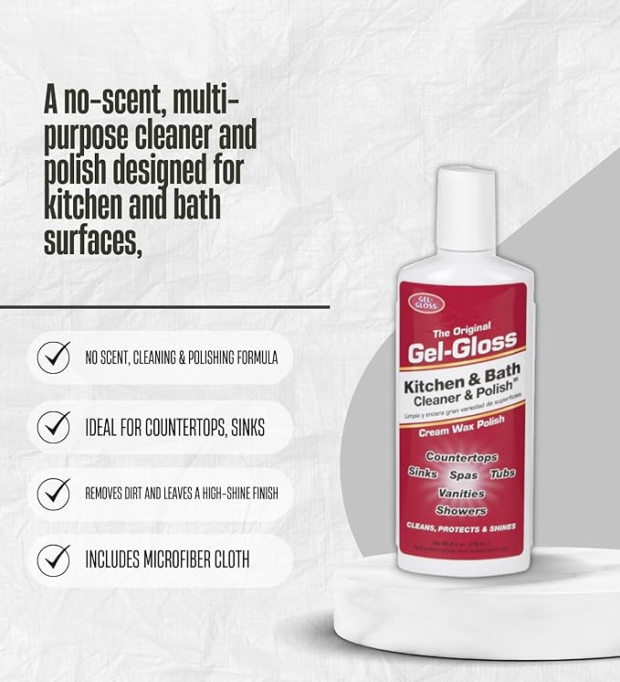 4x Gel-Gloss Kitchen & Bath Cleaner & Polish 8 oz Bundle with Microfiber – Cleans, Protects, and Restores Luster on Acrylic, Corian, Porcelain, Ceramic, and Stainless Steel – Gift Set (5 Items)
