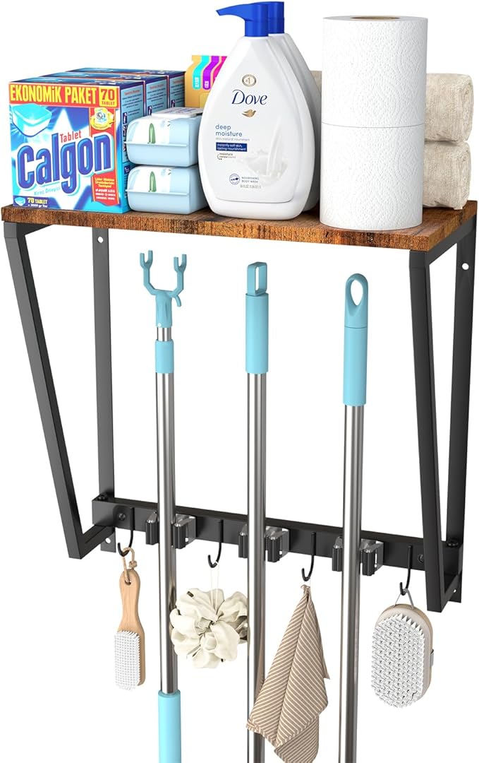 Broom Holder Wall Mount, Heavy Duty Broom & Mop Organizer Wall Hanging for Laundry Room Organization, Garage Storage & Home Improvement, Multi-Layer Iron & Wood Shelving with Hooks
