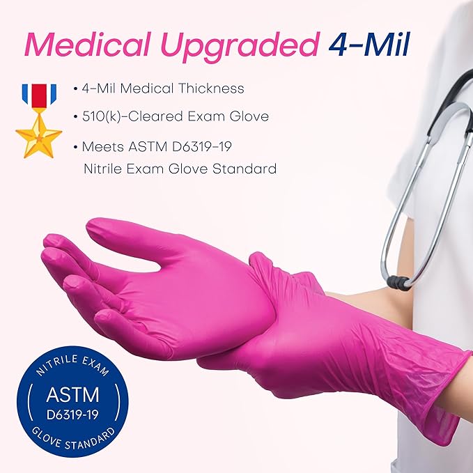 Supmedic Nitrile Exam Gloves, 4 Mil 1000 Ct, Powder-Free Latex-Free Cooking Food-Safe Disposable Medical Gloves, Rose Orchid