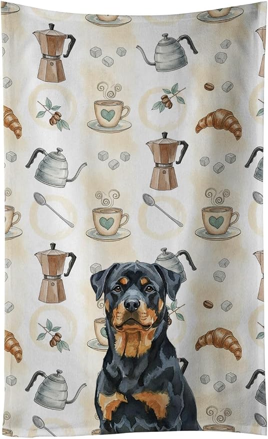 Caroline's Treasures Rottweiler Coffee Bar Kitchen Towel Velour Plush Front and Cotton Loop Back Machine Washable