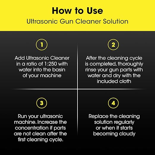 Ultrasonic Gun Cleaner Solution Concentrate + Free Cleaning Cloth | Makes 50 Gal. | Made in The USA | Gun Parts Cleaner for All Ultrasonic Machines | Highly Concentrated Firearm Cleaning Liquid