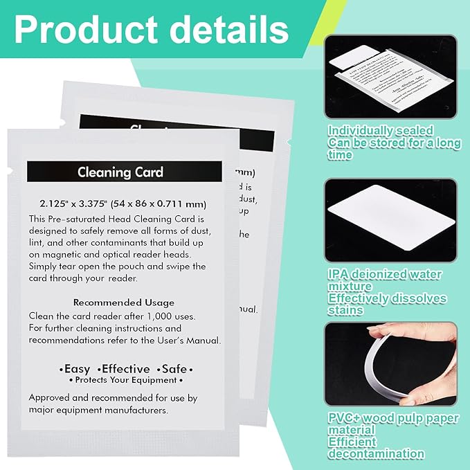 Sliner 60 Pcs Credit Card Reader Cleaner Cards Dual Side Cr80 Reader Cleaning Scanner Cleaning Sheets Pos Swipe Terminal for Printer Optical Credit Machines
