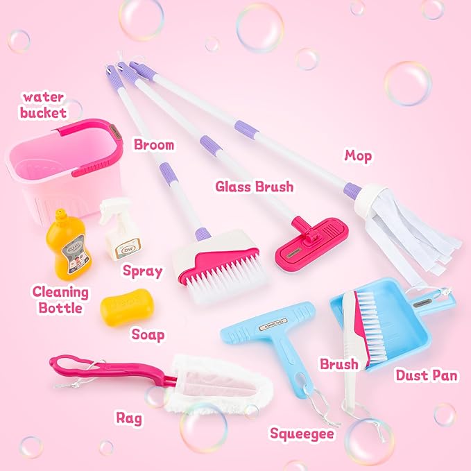 deAO Kids Cleaning Toy Set Toddlers Cleaning Set Housekeeping Pretend Play Toy Cleaning Set Kids Broom and Mop Set for Ages 3+ Christmas Birthday Toys for Girls Boys