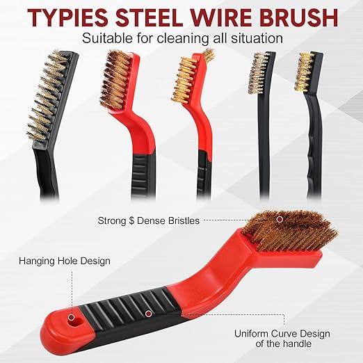 Sumind 30 Pcs Wire Cleaning Brush Set Nylon/ Stainless Steel/ Brass Metal Brush with Curved Handle Grip Paint Remover for Cleaning Rust Grout Cleaner (Brass)