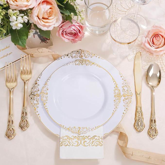 YOUBET 700PCS Gold Plastic Dinnerware Set - 36 Pack Clear Champagne Flutes Plastic - 200 Disposable Plates, 300 Heavy Duty Silverware, 100 Cups,100 Napkins for Wedding Party Graduation