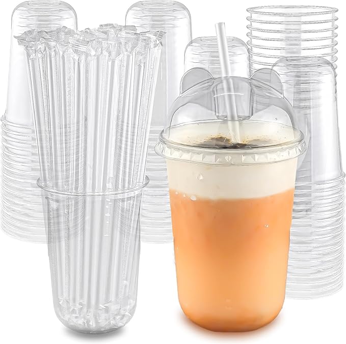 Qsqwsuye 16oz 50 Set Disposable Plastic Cups with Dome Lids and Straws, Clear Iced Coffee Cups with lids, Round Bottom Plastic Cup for Milkshakes Juice Beverages Holiday Party Outdoor Picnic Supplies
