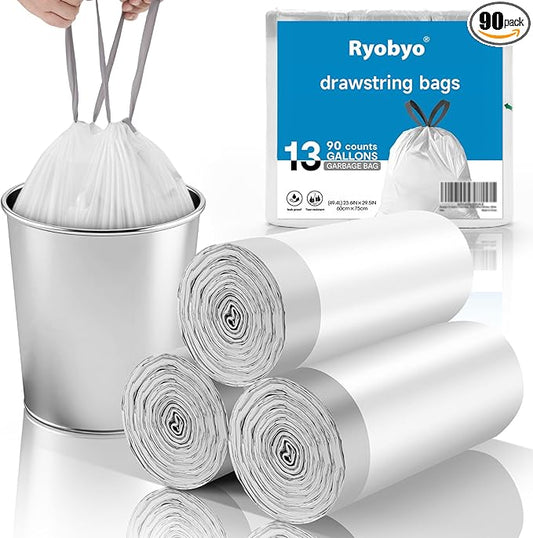 13 Gallon Trash Bags Drawstring- 90 Counts Medium Trash Bag Extra Strong, Medium Garbage Bags 13 Gallon Unscented, Stretchy, Quick Cinch for Office Kitchen, White