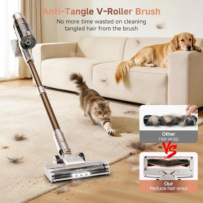 Cordless Vacuum Cleaner: Portable 6-in-1 Stick Vacuum with Anti-Tangle Brush, LED Headlight, Self-Standing, HD Display, Rechargeable Vacuum for Pet Hair, Low-Pile Carpet and Hardwood Floor-Off White