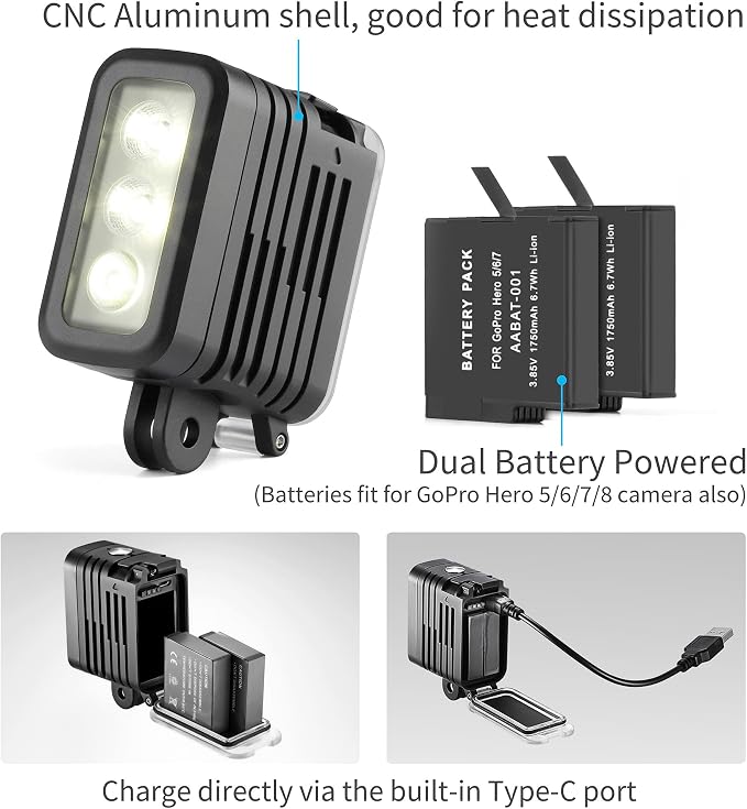 SOONSUN Rechargeable Diving Light - 450 Lumens High Power LED Video Light, Waterproof 164ft, Dimmable Underwater Fill Light for GoPro Hero 13/12/11/10/9/8/7/6/5/4/3+/3, DJI Osmo Action 4 5 Pro Camera