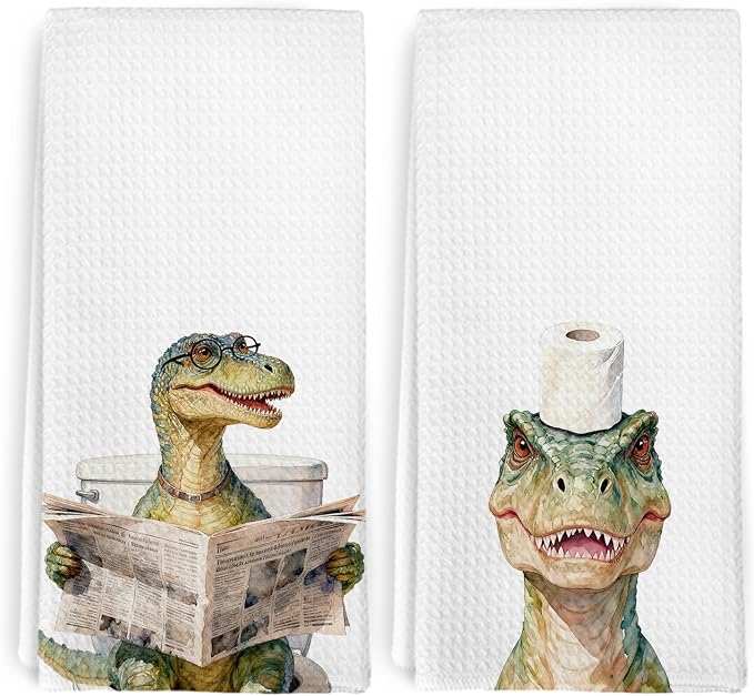 Funny Dinosaur Dino Hand Towels Set of 2 for Washroom Decor, Dino Dinosaurs Gifts Decorative Hand Towels for Boys Kids, Dinosaur Bathroom Decor, Dinosaurs Themed Dish Tea Towel, 16x24 Inch