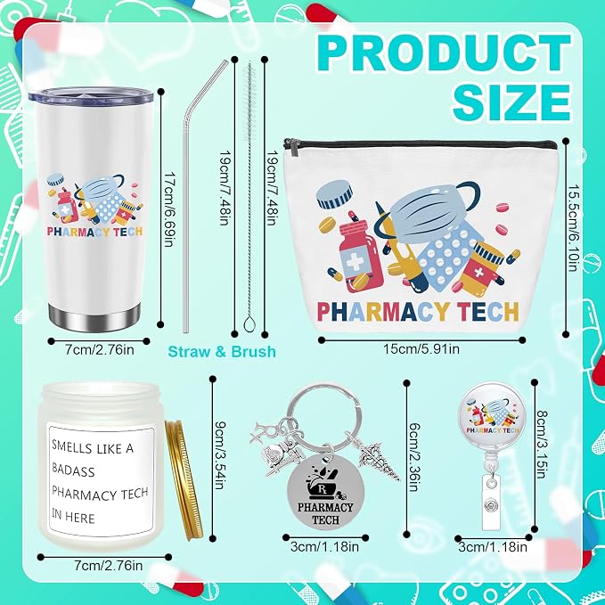 6Pcs Pharmacy Technician Appreciation Gifts Include Cup Portable Cosmetic Bag Badge Keychain Aromatherapy Thank You Card Pharmacy Technician Accessories for Doctors Nurses Week Gift Supplies