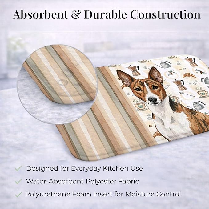 Caroline's Treasures Brindle and White Basenji Coffee Bar Dish Drying Mat Absorbent Dish Drying Mat Pad for Kitchen Counter Dish Drainer Mat for Countertop, 14 x 21", Multicolor