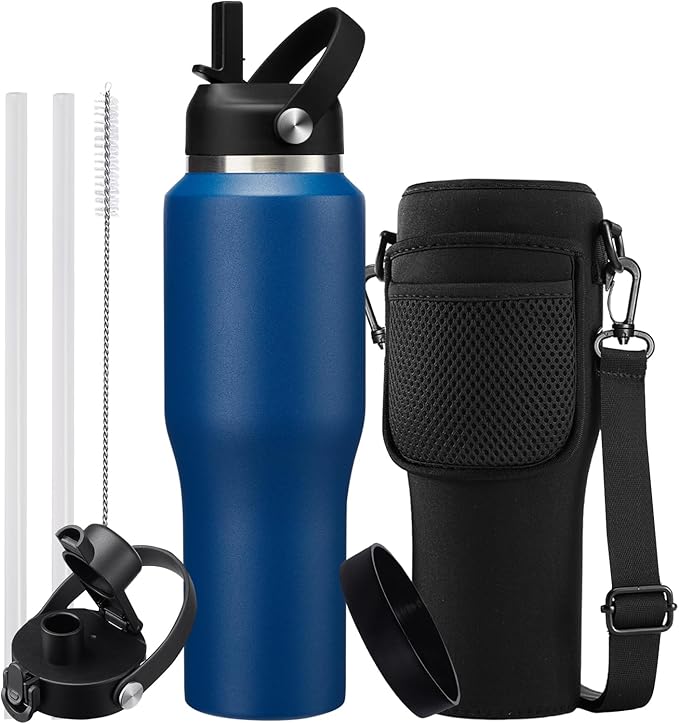 32oz Insulated Water-Bottle with Straw - Carrier Strap Bag, Keeps Cold 48h & Hot 24h, Metal Water Bottles 32 oz Cups with Lids for Gym/Hiking