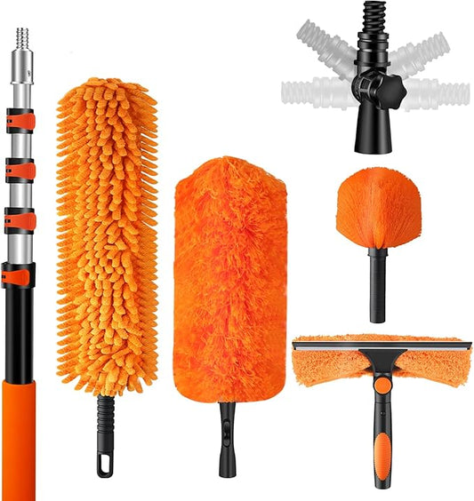 20ft High Reach Duster Kit with Extendable Pole (5-12ft),High Ceiling Duster Kit Includes–Ceiling Fan Blade Cleaner, Cobweb Remover, Bendable Duster, Microfiber Glass Scrubber & Squeegee & Swivel Head