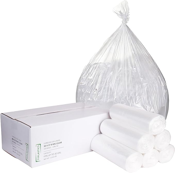 TYPLASTICS 20-30 Gallon Clear Trash Can Liners - 30" x 37" - High Density Garbage Bags - Case of 500 - Multipurpose for Office, Outdoor, Recycling, Industrial and Commercial