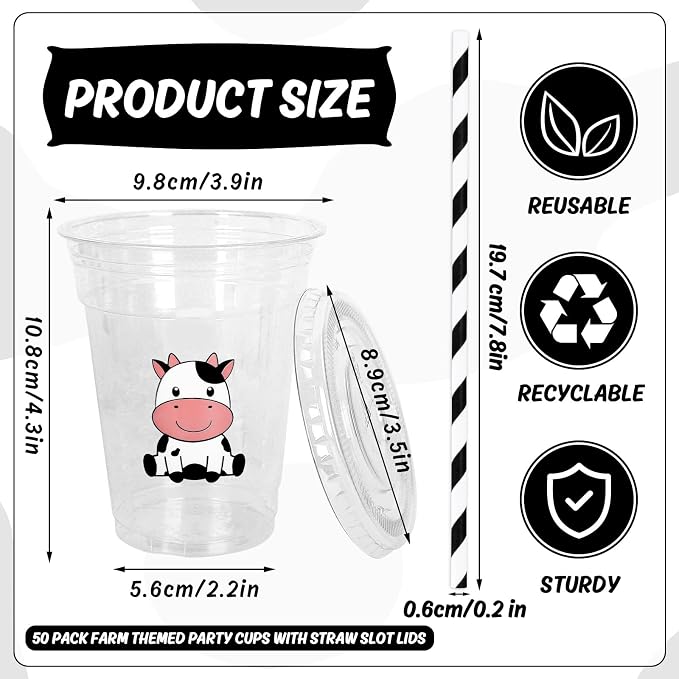 Whaline 50 Pcs Cow Disposable Plastic Cups with Lids and Straws 12 Oz Cute Farm Themed Cold Beverage Drinking Cups for Baby Shower Birthday Party Supplies