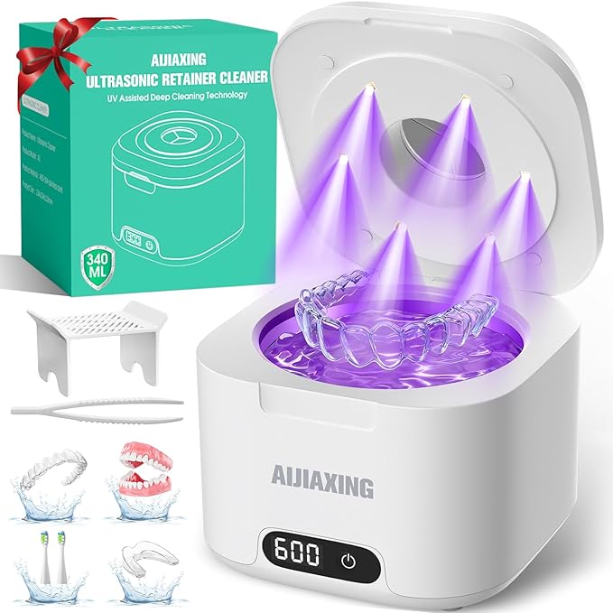 Ultrasonic Retainer Cleaner Machine with UV Light, 49kHz Dental Pod Cleaner with Digital Timer, 340ML Stainless Steel Tank for Retainer, Aligners, Dentures, Mouth Guards, Night Guards & Jewelry, White