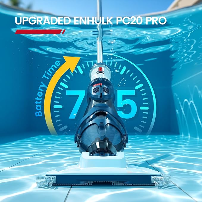 ENHULK PC20 Pro Cordless Pool Vacuum, Upgraded Dual Mode, 22 GPM Powerful Suction, 150" Telescopic Pole, 6 Filter Units, 75 Minutes Runtime, Handheld Pool Cleaner for Above/Inground Pools