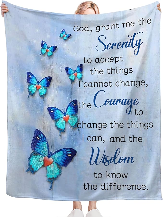 Tijuboni Christian Serenity Prayer Throw Blanket Blue Butterfly Gifts for Women Men Girls Boys Kids Adults Soft Flannel Fleece Blanket for Couch Sofa Bed Home Decor 60"x80"