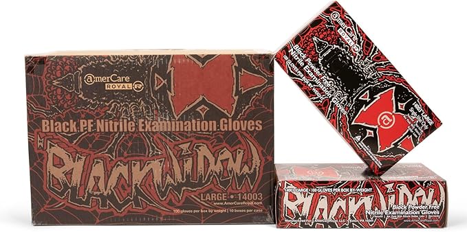 AmerCare Black Widow Powder Free Nitrile Gloves, Large, Black, Case of 1000