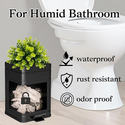 Tegneo Small Trash Can with Lid, Plant-Styled Outdoor Dog Poop Trash Can Outside, Farmhouse Retro Metal Garbage Can for Bathroom Office, Dog Waste Container with Pedal, Soft Close, 5L/1.3 Gal, Black