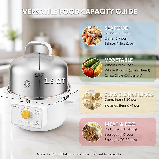 BUYDEEM G32 Electric Food Steamer 1.6QT, Stainless Steel Steamer for Vegetable Egg Seafood, 8 Time Settings, Triple Dry Protection, Quick Steam, Healthy Cooking for 1-2 Servings, Arctic White