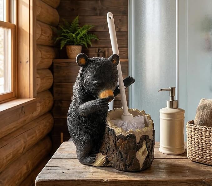 Whimsical Black Bear Toilet Brush Holder Set - Unique Cub Shape Decorative Bathroom Cleaning Kit for Cabin Owners, Bear-Themed Home Decor, Cozy Cabin Gifts