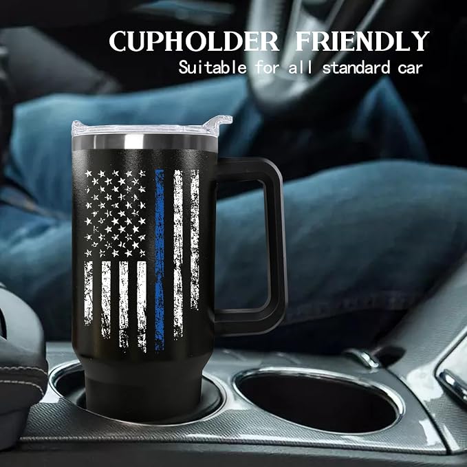 Ceovfoi 40 oz Tumbler with Handle lid and Straw, American Flag Blue Line Stainless Steel Dad Travel Tumbler Cup Mugs,Police Academy Graduation Gifts, Police Gifts for Men Dad