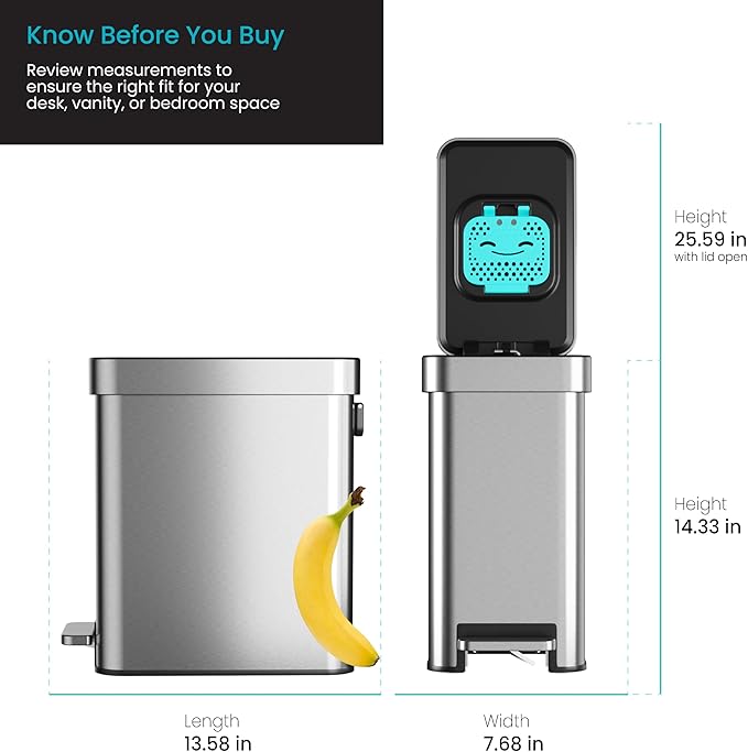 Home Zone Living 3 Gallon Small Trash Can with a Lid and Step Pedal, CleanAura, Odor Control, Stainless Steel with Slim Design for Home and Office, Silver, 10 Liters