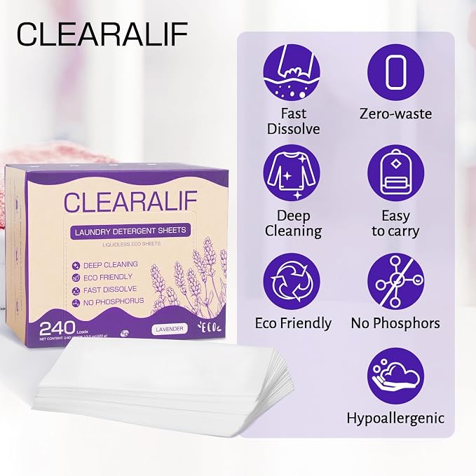 CLEARALIF Laundry Detergent Sheets 120 Sheets (Up to 240 Loads), Lavender - Great For Apartments, Dorms,Eco Friendly