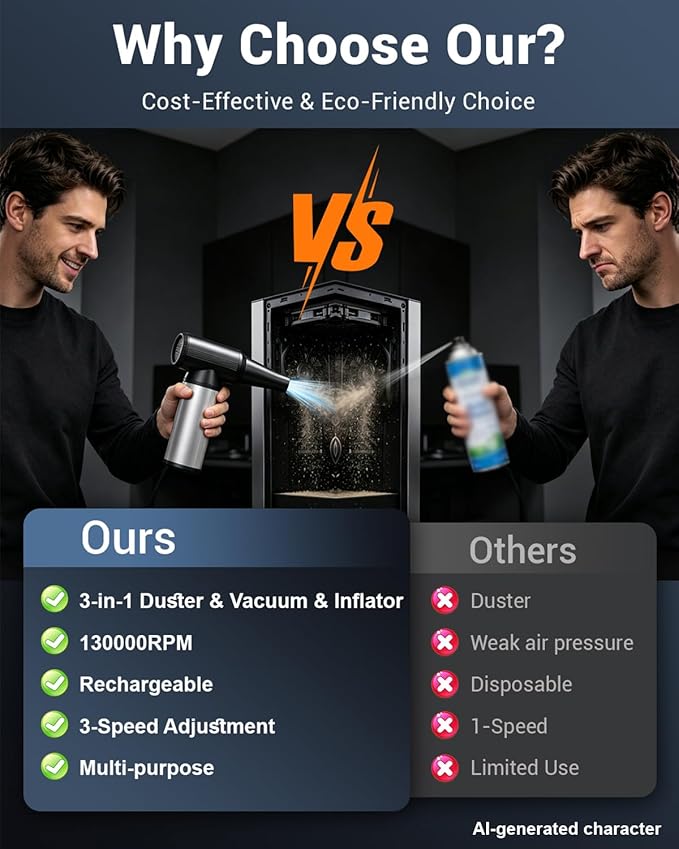 Cordless 2-in-1 Air Duster & Vacuum, Brushless Motor, Long Runtime | for Keyboard, Computer, Home, Car, Outdoor Cleaning, Compressed Air Duster Rechargeable, 3-Gear Adjustable Dust Blower