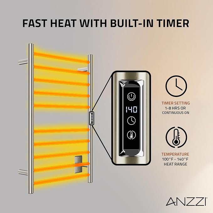 ANZZI Bali Modern 10-Bar Wall Mounted Towel Warmer in Brushed Nickel, Energy Efficient 80W Electric Plug in Heated Towel Rack for Bathroom, Towel Heater Rail with On/Off Switch, TW-AZ075BN