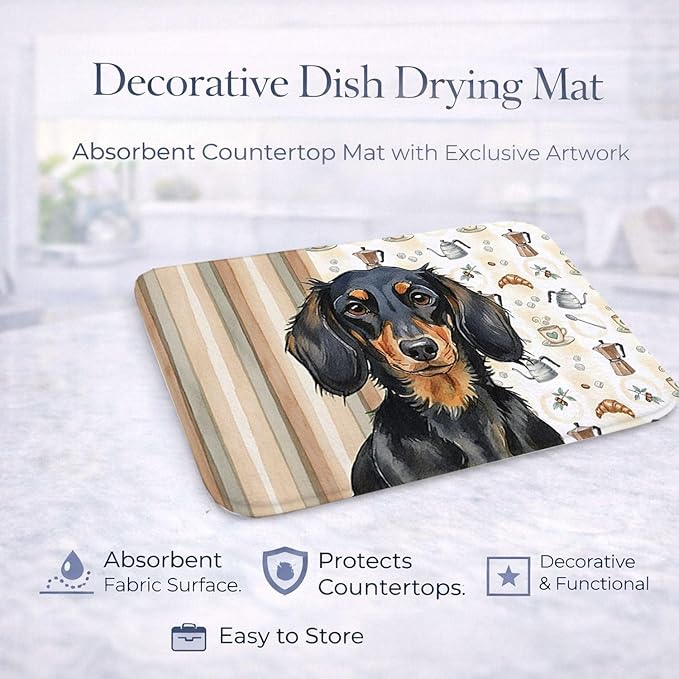 Caroline's Treasures Longhaired Black and Tan Dachshund Coffee Bar Dish Drying Mat Absorbent Dish Drying Mat Pad for Kitchen Counter Dish Drainer Mat for Countertop, 14 x 21", Multicolor
