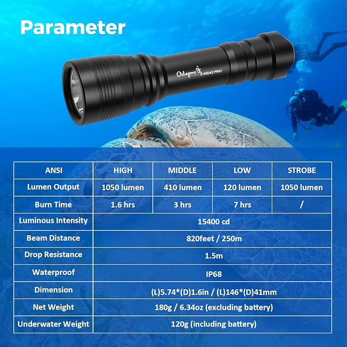 WD43PRO Scuba Diving Light, 1050 Lumens Dive Torch, Underwater 150m Waterproof Flashlight with Wrist Strap, 4 Modes Compact Backup Light for Night Diving, Snorkeling, Cave