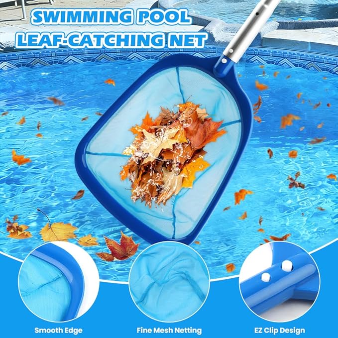 Swimming Pool Cleaning Kit, 12.6 Pool Brush Head, Semi-deep Skimmer Net & Adjustable 76-inch Pole, for Inground & Above Ground Swimming Pools, Removes Debris