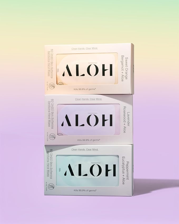 ALŌH Sweet Orange Bergamot + Aloe Sanitizing Hand Wipes - Clean Hands, Clear Mind - On The Go Hand Sanitizing Wipes for Kids and Adults - Travel Size 3 Pack 20ct Wipes (60 wipes)