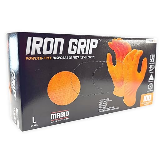 MAGID Iron Grip Powder-Free 100% Nitrile Disposable Gloves, QTY: 300, Size: 9/Large - T9408OR