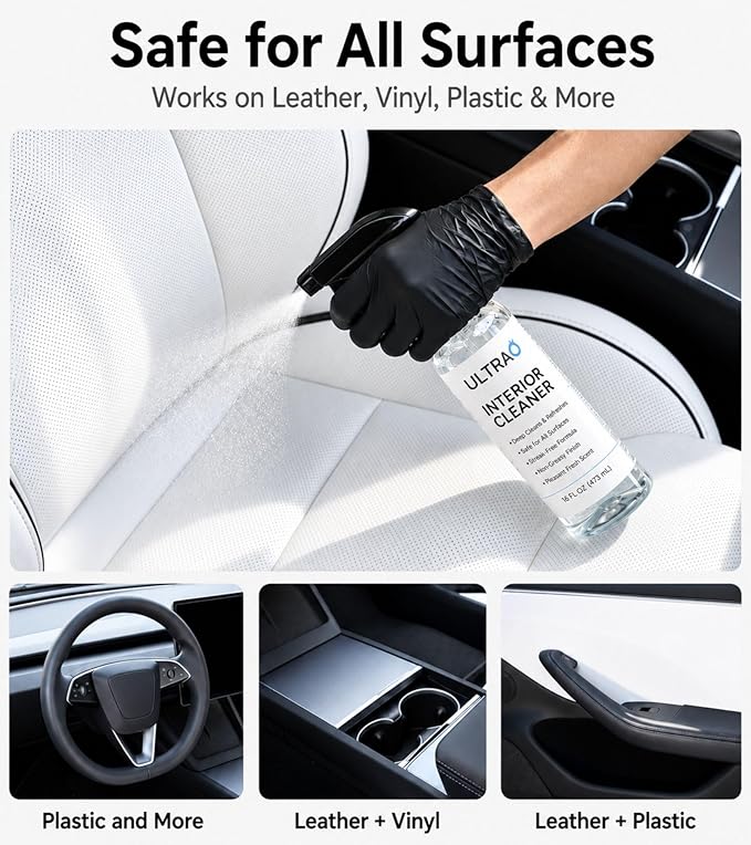 Tesla Seat Cleaner & Stain Remover, Interior Cleaner for White & Black Vegan Leather, Interior Cleaning Kit for Seats, Console, Dash, Model 3, Y, S, X, Cybertruck Accessories (Ice Blue)