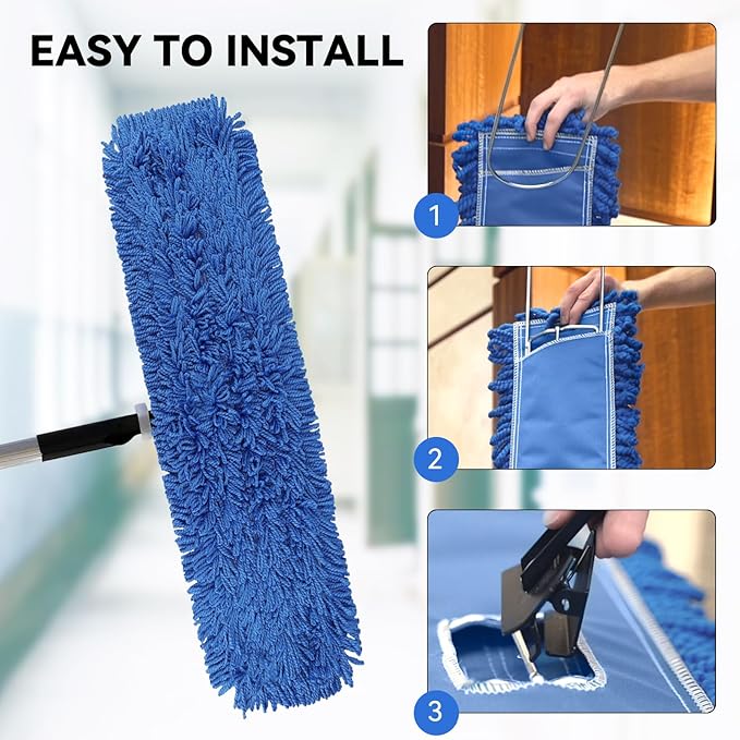 Commercial 36 Inch Dust Mop Head: Replacement Heavy-Duty Sweeper and Janitorial Industrial Dust Mop Head for Floor Cleaning, Office, School, Restaurant, Hospital (Blue - 6 Pack)