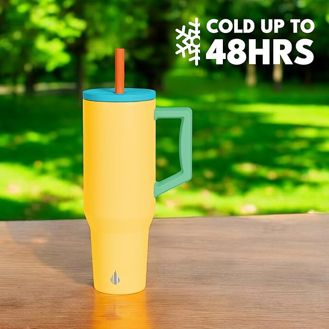 Elemental 40 oz Tumbler with Handle and Straw - Spill Proof Insulated Stainless Steel Commuter for Cold Beverages - Travel Coffee Mug with 2 Straws & Spill Proof Lid - 40oz - Lemon Zest