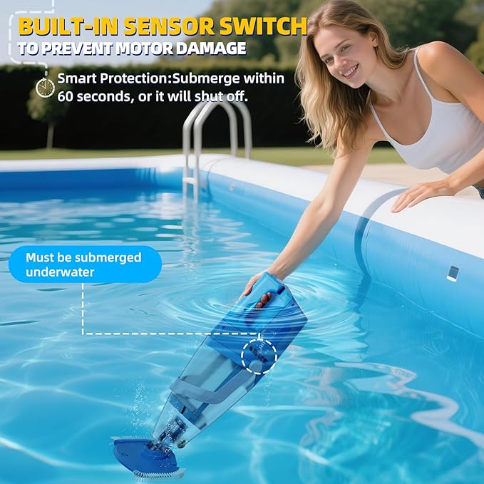 Cordless Pool Vacuum Above & Inground Pools, Powerful 1590 GPH Suction,Handheld Telescopic Pole up to 85.45", 1H Runtime, 2L Debris Bin, Rechargeable Pool Cleaner for Spas & Hot Tubs