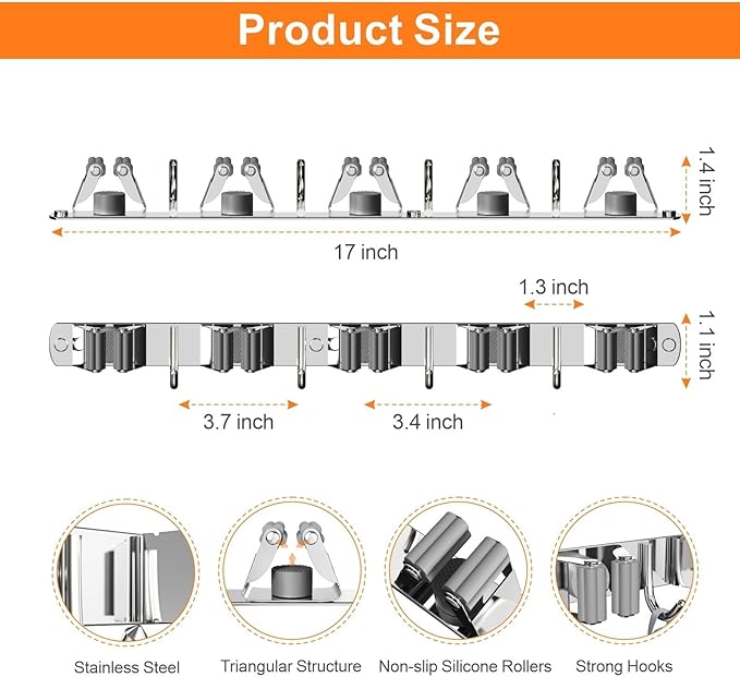 CUXIXA 2 Pack Mop and Broom Holder Wall Mount, Non-slip Broom Hanger Wall Mount, Heavy Duty Mop Broom Organizer for Kitchen Garden Garage Laundry Room Wall Decor Organization and Storage Silver 5R4H