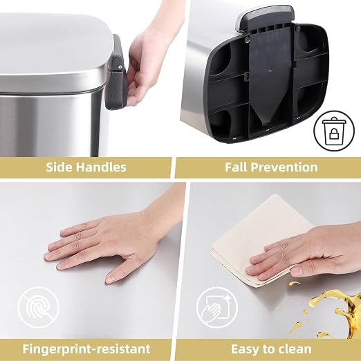 Fashionwu 50L/13 Gallon Stainless Steel Rectangular Trash Can with Foot Pedal, Soft Close Lid
