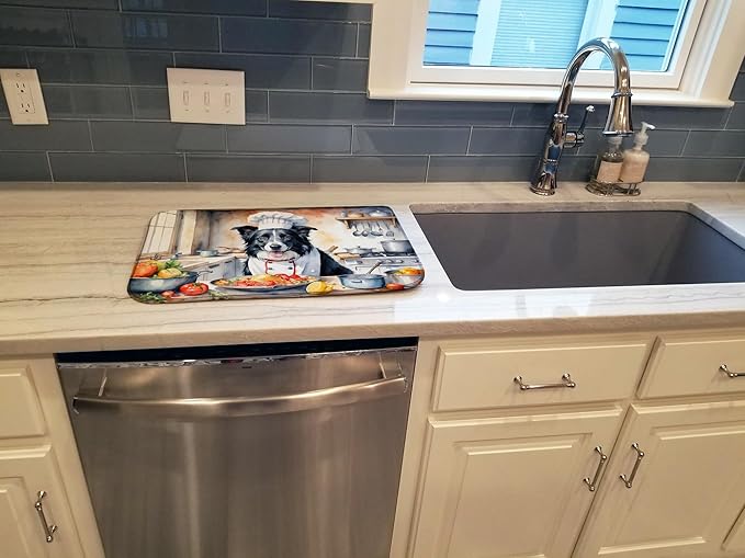 Caroline's Treasures DAC6212DDM Border Collie The Chef Dish Drying Mat Absorbent Dish Drying Mat Pad for Kitchen Counter Dish Drainer Mat for Countertop, 14 x 21", Multicolor