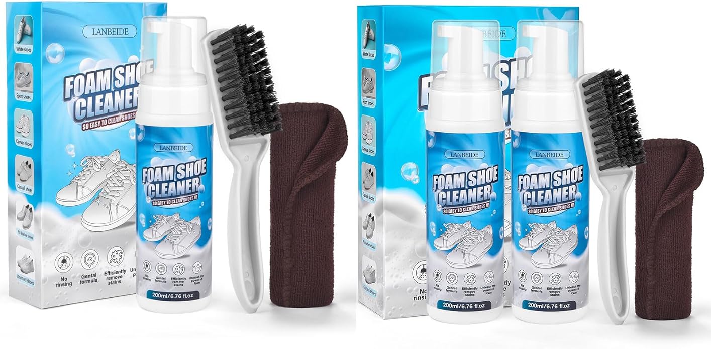 LANBEIDE Shoe Cleaner Kit - 3 x 6.76oz Sneaker Cleaners with Brushes & Towels, Suitable for Leather, Suede, Canvas, PU, Fabric, Boots