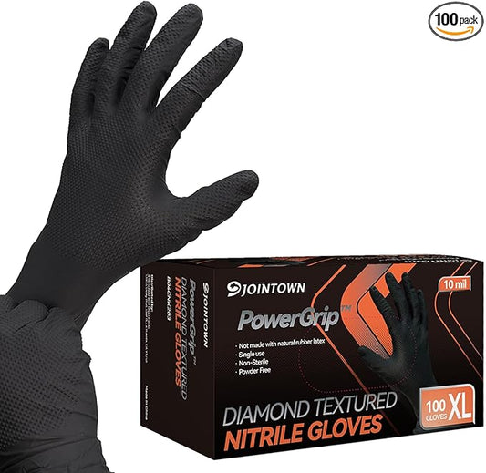 Jointown Upgraded 10 Mil Heavy Duty Nitrile Gloves, Mechanic Gloves Nitrile Disposable, with Raised Diamond Texture, Case of 100, Black, XLarge