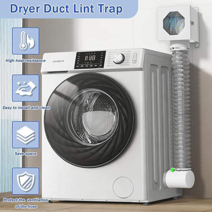 Dryer Lint Trap, Indoor Dryer Vent Kit with Lint Catcher, Metal Dryer Duct Lint Trap with 90° Degree Dryer Vent Elbow, Easy Clean Filter, Transparent Door & Clamps Aluminum Foil Tape Cleaning Brush