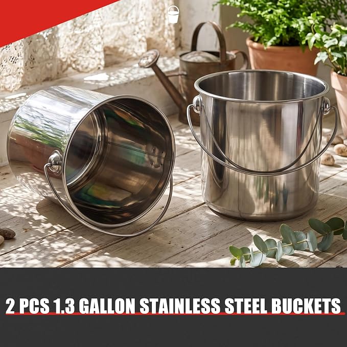 Hsei 2 Pcs Stainless Steel Bucket for Pet Cleaning, 1.3 Gallon Metal Bucket Water Pail with Handle for Fence Kennel Cage Garage Garden Workshop