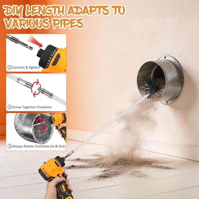 ULTECHNOVO 20ft Dryer Vent Cleaner Kit with 15 Flexible Rods, Us 5/16"-18 Thread Chimney Sweep Kit, 4" & 6" Brush Heads for Lint Removal, Power Drill Attachment Chimney Cleaning Tool for Fire