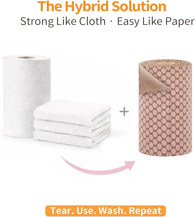 Microfiber Cleaning Cloth Roll, 50-Count, Reusable, Durable, Absorbent, Lint-Free Non-Scratch Towels, Dish Rags for Kitchen, Home, Window & Screens, Paper Towel Alternative, Brown Dot, 12x12 in